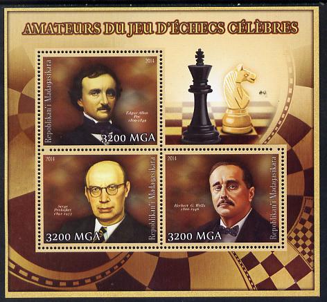 Madagascar 2014 Celebrity Chess Players #3 perf sheetlet containing 3 values unmounted mint , stamps on personalities, stamps on chess, stamps on literature, stamps on composers, stamps on 