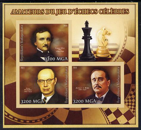 Madagascar 2014 Celebrity Chess Players #3 imperf sheetlet containing 3 values unmounted mint , stamps on personalities, stamps on chess, stamps on literature, stamps on composers, stamps on 