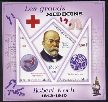 Mali 2014 Great Men of Medicine - Robert Koch imperf sheetlet containing 3 values - one diamond shaped & two triangular values unmounted mint, stamps on medical, stamps on red cross, stamps on personalities, stamps on shaped, stamps on triangulars, stamps on 