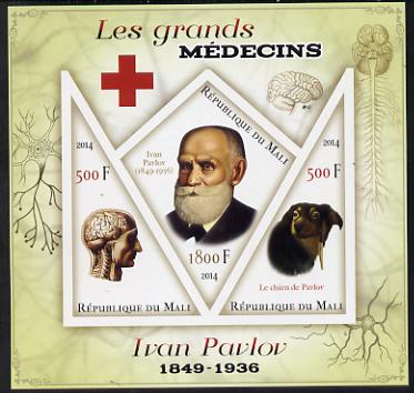 Mali 2014 Great Men of Medicine - Ivan Pavlov imperf sheetlet containing 3 values - one diamond shaped & two triangular values unmounted mint, stamps on medical, stamps on red cross, stamps on personalities, stamps on shaped, stamps on triangulars, stamps on 