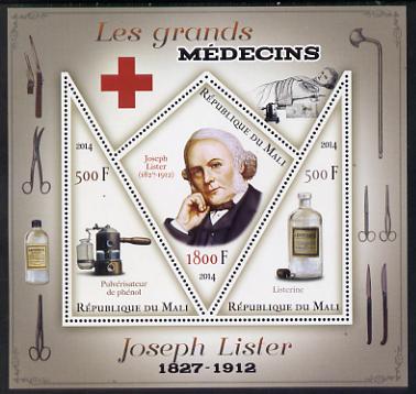 Mali 2014 Great Men of Medicine - Joseph Lister perf sheetlet containing 3 values - one diamond shaped & two triangular values unmounted mint, stamps on medical, stamps on red cross, stamps on personalities, stamps on shaped, stamps on triangulars, stamps on 