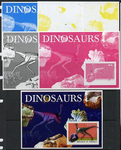 Somalia 2003 Dinosaurs & Minerals souvenir sheet - the set of 5 imperf progressive proofs comprising the 4 individual colours plus all 4-colour composite, unmounted mint , stamps on , stamps on  stamps on dinosaurs, stamps on  stamps on minerals