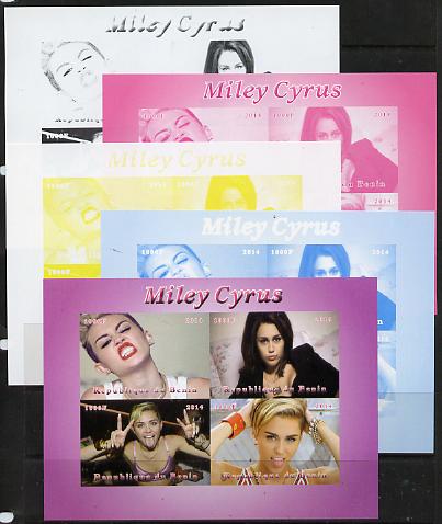 Benin 2014 Miley Cyrus sheetlet containing 4 values - the set of 5 imperf progressive proofs comprising the 4 individual colours plus all 4-colour composite, unmounted mint , stamps on personalities, stamps on films, stamps on music, stamps on cinema