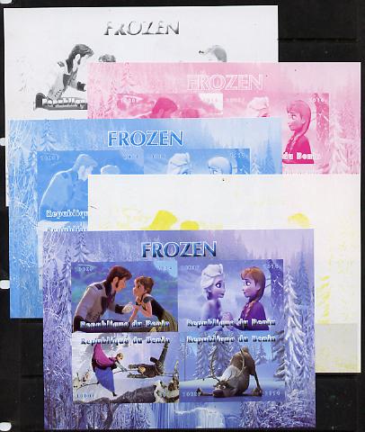 Benin 2014 Disney's Frozen sheetlet containing 4 values - the set of 5 imperf progressive proofs comprising the 4 individual colours plus all 4-colour composite, unmounted mint , stamps on disney, stamps on films, stamps on cinema, stamps on movies, stamps on cartoons, stamps on  3d , stamps on 