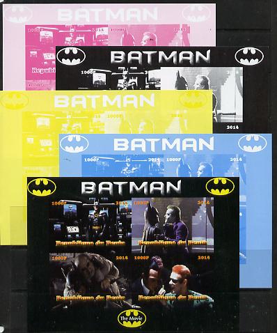 Benin 2014 Batman (Movie) sheetlet containing 4 values - the set of 5 imperf progressive proofs comprising the 4 individual colours plus all 4-colour composite, unmounted mint , stamps on films, stamps on cinema, stamps on movies, stamps on batman, stamps on fantasy