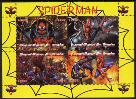 Benin 2014 Spiderman (Comic Strip) perf sheetlet containing 4 values unmounted mint. Note this item is privately produced and is offered purely on its thematic appeal, stamps on films, stamps on cinema, stamps on movies, stamps on spiderman, stamps on fantasy