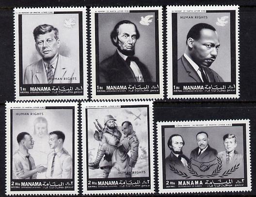 Manama 1968 Human Rights (Kennedy, Lincoln, Martin Luther King, etc) perf set of 6 unmounted mint, Mi 99-104*, stamps on human rights, stamps on kennedy, stamps on nobel, stamps on personalities, stamps on usa presidents