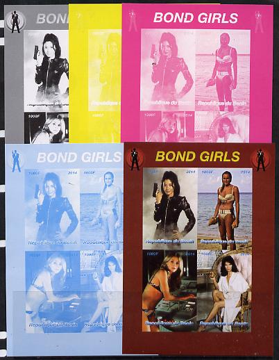 Benin 2014 Bond Girls sheetlet containing 4 values - the set of 5 imperf progressive proofs comprising the 4 individual colours plus all 4-colour composite, unmounted mint , stamps on , stamps on  stamps on films, stamps on  stamps on cinema, stamps on  stamps on movies, stamps on  stamps on bond, stamps on  stamps on  spy , stamps on  stamps on women, stamps on  stamps on pin-ups, stamps on  stamps on 