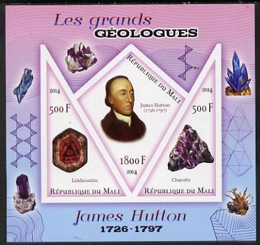 Mali 2014 Famous Gelogists & Minerals - James Hutton imperf sheetlet containing one diamond shaped & two triangular values unmounted mint, stamps on , stamps on  stamps on personalities, stamps on  stamps on shaped, stamps on  stamps on diamond, stamps on  stamps on triangles, stamps on  stamps on triangular, stamps on  stamps on geology, stamps on  stamps on minerals