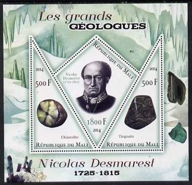Mali 2014 Famous Gelogists & Minerals - Nicolas Desmarest perf sheetlet containing one diamond shaped & two triangular values unmounted mint, stamps on personalities, stamps on shaped, stamps on diamond, stamps on triangles, stamps on triangular, stamps on geology, stamps on minerals