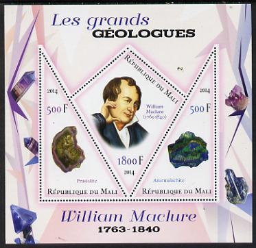 Mali 2014 Famous Gelogists & Minerals - William Maclure perf sheetlet containing one diamond shaped & two triangular values unmounted mint, stamps on personalities, stamps on shaped, stamps on diamond, stamps on triangles, stamps on triangular, stamps on geology, stamps on minerals