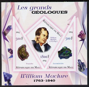 Mali 2014 Famous Gelogists & Minerals - William Maclure imperf sheetlet containing one diamond shaped & two triangular values unmounted mint, stamps on personalities, stamps on shaped, stamps on diamond, stamps on triangles, stamps on triangular, stamps on geology, stamps on minerals