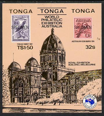 Tonga 1984 Ausipex Stamp Exhibition self-adhesive m/sheet opt'd SPECIMEN (Tongan Parrot stamp & Australian Kookaburra) unmounted mint, as SG MS 892, stamps on birds, stamps on parrots, stamps on stamp on stamp, stamps on stamp exhibitions, stamps on self adhesive, stamps on stamponstamp