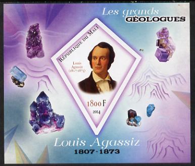 Mali 2014 Famous Gelogists & Minerals - Louis Agassiz imperf deluxe sheet containing one diamond shaped value unmounted mint, stamps on personalities, stamps on shaped, stamps on diamond, stamps on geology, stamps on minerals