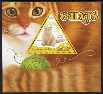 Djibouti 2014 Domestic Cats perf deluxe sheet containing one triangular shaped value unmounted mint, stamps on cats, stamps on shaped, stamps on triangular, stamps on triangle