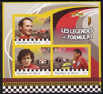 Djibouti 2014 Legends of Formula 1 imperf sheetlet containing three values unmounted mint, stamps on sport, stamps on  f1 , stamps on formula 1, stamps on cars, stamps on racing cars, stamps on personalities