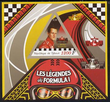 Djibouti 2014 Legends of Formula 1 imperf deluxe sheet containing one triangular shaped value unmounted mint, stamps on sport, stamps on  f1 , stamps on formula 1, stamps on cars, stamps on racing cars, stamps on personalities, stamps on shaped, stamps on triangular, stamps on triangle