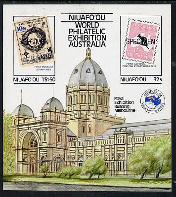 Tonga - Niuafoou 1984 Ausipex Stamp Exhibition self-adhesive m/sheet optd SPECIMEN (Tongan Map stamp & Australian Roo) unmounted mint, as SG MS 50, stamps on animals, stamps on maps, stamps on stamp on stamp, stamps on stamp exhibitions, stamps on self adhesive, stamps on stamponstamp