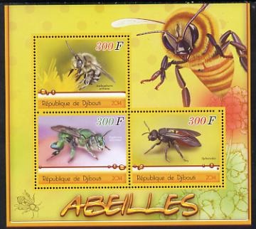 Djibouti 2014 Bees perf sheetlet containing three values unmounted mint, stamps on bees, stamps on honey, stamps on food, stamps on insects