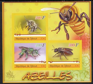 Djibouti 2014 Bees imperf sheetlet containing three values unmounted mint, stamps on bees, stamps on honey, stamps on food, stamps on insects