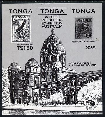 Tonga 1984 Ausipex Stamp Exhibition m/sheet self-adhesive black print (Tongan Parrot stamp & Australian Kookaburra), as SG MS 892 unmounted mint, stamps on birds, stamps on parrots, stamps on stamp on stamp, stamps on stamp exhibitions, stamps on self adhesive, stamps on stamponstamp