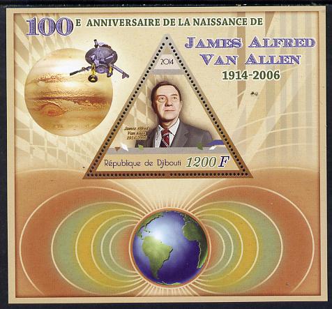 Djibouti 2014 Birth Centenary of James Van Allen perf sheetlet containing triangular value unmounted mint, stamps on shaped, stamps on triangular, stamps on triangles, stamps on science, stamps on space