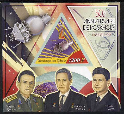 Djibouti 2014 50th Anniversary of Voskhod Programme imperf sheetlet containing triangular value unmounted mint, stamps on shaped, stamps on triangular, stamps on triangles, stamps on space, stamps on voskhod, stamps on satellites