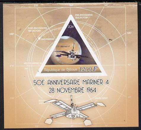 Djibouti 2014 50th Anniversary of Launch of Mariner 4 imperf sheetlet containing triangular value unmounted mint, stamps on shaped, stamps on triangular, stamps on triangles, stamps on space, stamps on mariner, stamps on satellites, stamps on mars, stamps on 