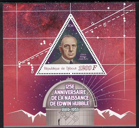 Djibouti 2014 125th Birth Anniversary of Edwin Hubble perf sheetlet containing triangular value unmounted mint, stamps on shaped, stamps on triangular, stamps on triangles, stamps on space, stamps on science, stamps on astronomy