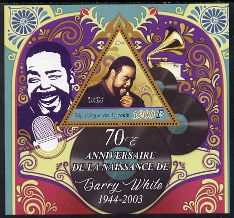 Djibouti 2014 70th Birth Anniversary of Barry White perf sheetlet containing triangular value unmounted mint, stamps on , stamps on  stamps on shaped, stamps on  stamps on triangular, stamps on  stamps on triangles, stamps on  stamps on music, stamps on  stamps on rock, stamps on  stamps on pops