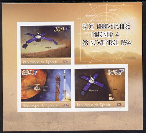 Djibouti 2014 50th Anniversary of Launch of Mariner 4 imperf sheetlet containing 3 values unmounted mint, stamps on space, stamps on mariner, stamps on satellites, stamps on mars, stamps on 