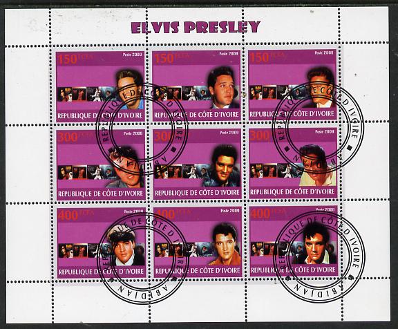 Ivory Coast 2009 Elvis Presley perf sheetlet containing 9 values fine cto used, stamps on , stamps on  stamps on personalities, stamps on  stamps on elvis, stamps on  stamps on music, stamps on  stamps on films, stamps on  stamps on cinema, stamps on  stamps on movies, stamps on  stamps on pops, stamps on  stamps on rock
