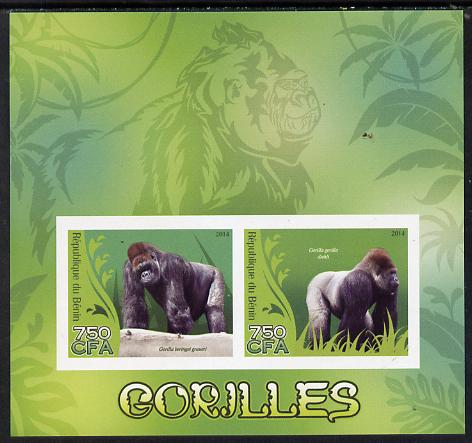 Benin 2014 Gorillas imperf sheetlet containing 2 values unmounted mint, stamps on animals, stamps on apes, stamps on gorillas