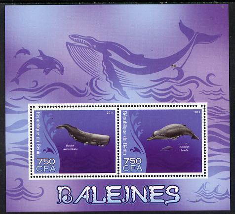 Benin 2014 Whales perf sheetlet containing 2 values unmounted mint, stamps on animals, stamps on whales, stamps on marine life