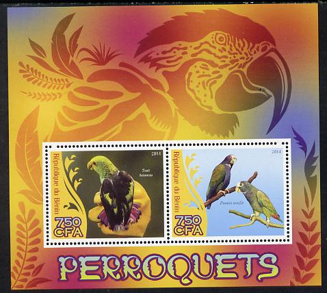 Benin 2014 Parrots perf sheetlet containing 2 values unmounted mint, stamps on birds, stamps on parrots