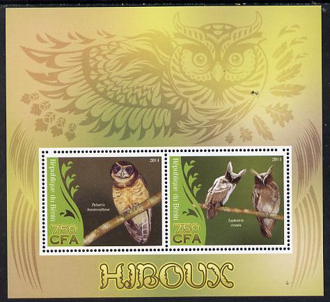 Benin 2014 Owls perf sheetlet containing 2 values unmounted mint, stamps on birds, stamps on owls, stamps on birds of prey
