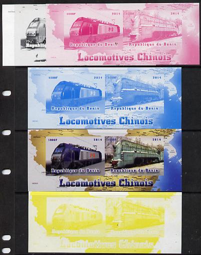 Benin 2014 Chinese Locomotives sheetlet containing 2 values - the set of 5 imperf progressive proofs comprising the 4 individual colours plus all 4-colour composite, unmo..., stamps on railways