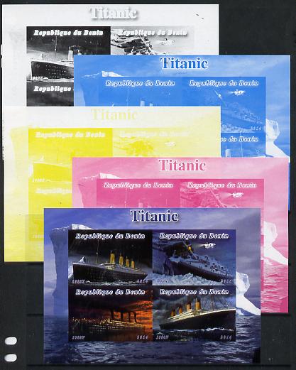 Benin 2014 Titanic sheetlet containing 4 values - the set of 5 imperf progressive proofs comprising the 4 individual colours plus all 4-colour composite, unmoun, stamps on ships, stamps on titanic, stamps on films, stamps on movies, stamps on cinena, stamps on disasters