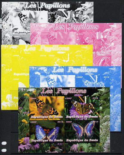 Benin 2014 Butterflies sheetlet containing 4 values - the set of 5 imperf progressive proofs comprising the 4 individual colours plus all 4-colour composite, unmoun, stamps on butterflies