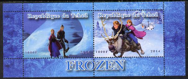 Chad 2014 Walt Disney's Frozen #3 perf sheetlet containing 2 values unmounted mint. Note this item is privately produced and is offered purely on its thematic appeal. . , stamps on disney, stamps on films, stamps on cinema, stamps on movies