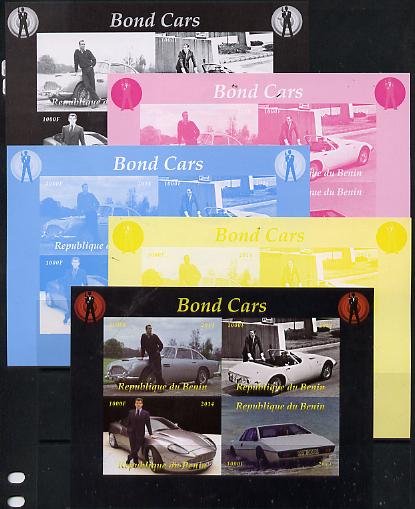 Benin 2014 Bond Cars sheetlet containing 4 values - the set of 5 imperf progressive proofs comprising the 4 individual colours plus all 4-colour composite, unmounted mint, stamps on films, stamps on cinema, stamps on movies, stamps on bond, stamps on  spy , stamps on cars, stamps on aston martin, stamps on 