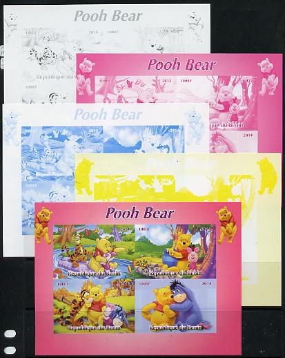Benin 2014 Pooh Bear #1 sheetlet containing 4 values - the set of 5 imperf progressive proofs comprising the 4 individual colours plus all 4-colour composite, unmounted m..., stamps on films, stamps on cinema, stamps on movies, stamps on disney, stamps on bears, stamps on cartoons