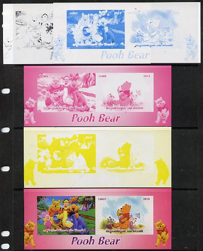Benin 2014 Pooh Bear #2 sheetlet containing 2 values - the set of 5 imperf progressive proofs comprising the 4 individual colours plus all 4-colour composite, unmounted mint, stamps on , stamps on  stamps on films, stamps on  stamps on cinema, stamps on  stamps on movies, stamps on  stamps on disney, stamps on  stamps on bears, stamps on  stamps on cartoons