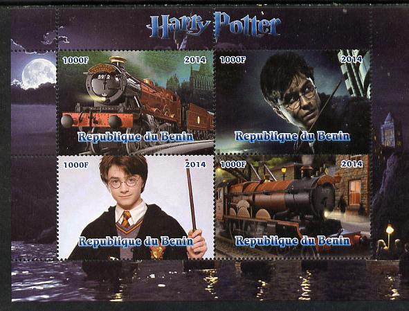 Benin 2014 Harry Potter #2 perf sheetlet containing 4 values unmounted mint. Note this item is privately produced and is offered purely on its thematic appeal, stamps on personalities, stamps on entertainments, stamps on films, stamps on cinema, stamps on fantasy, stamps on movies, stamps on railways, stamps on 