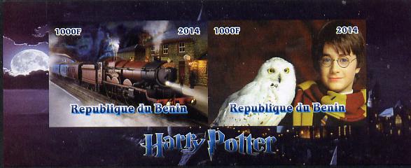 Benin 2014 Harry Potter #3 imperf sheetlet containing 2 values unmounted mint. Note this item is privately produced and is offered purely on its thematic appeal, stamps on personalities, stamps on entertainments, stamps on films, stamps on cinema, stamps on fantasy, stamps on movies, stamps on railways, stamps on owls