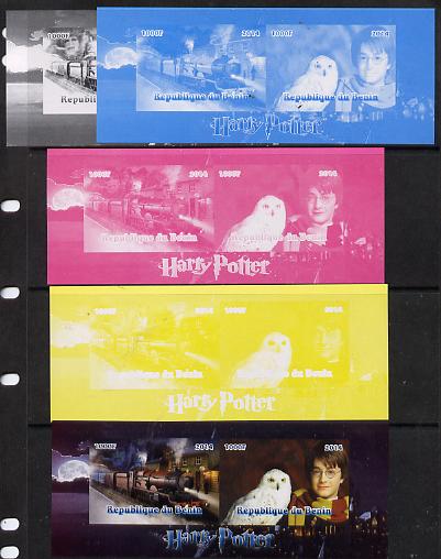 Benin 2014 Harry Potter #3 sheetlet containing 2 values - the set of 5 imperf progressive proofs comprising the 4 individual colours plus all 4-colour composite, unmounte..., stamps on personalities, stamps on entertainments, stamps on films, stamps on cinema, stamps on fantasy, stamps on movies, stamps on railways, stamps on owls