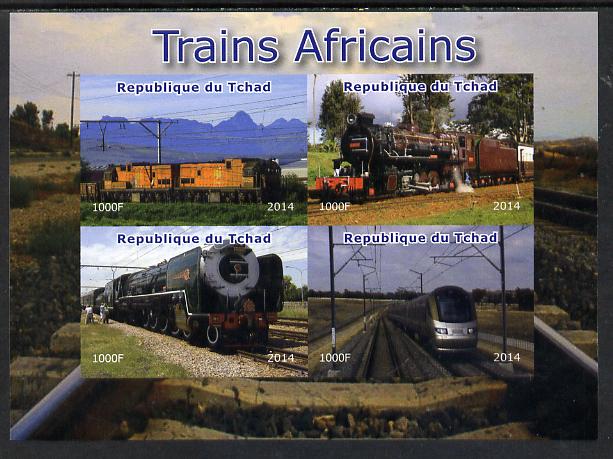Chad 2014 African Trains imperf sheetlet containing 4 values unmounted mint. Note this item is privately produced and is offered purely on its thematic appeal. . , stamps on railways