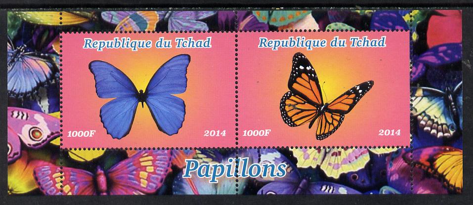 Chad 2014 Butterflies #4 perf sheetlet containing 2 values unmounted mint. Note this item is privately produced and is offered purely on its thematic appeal. . , stamps on butterflies