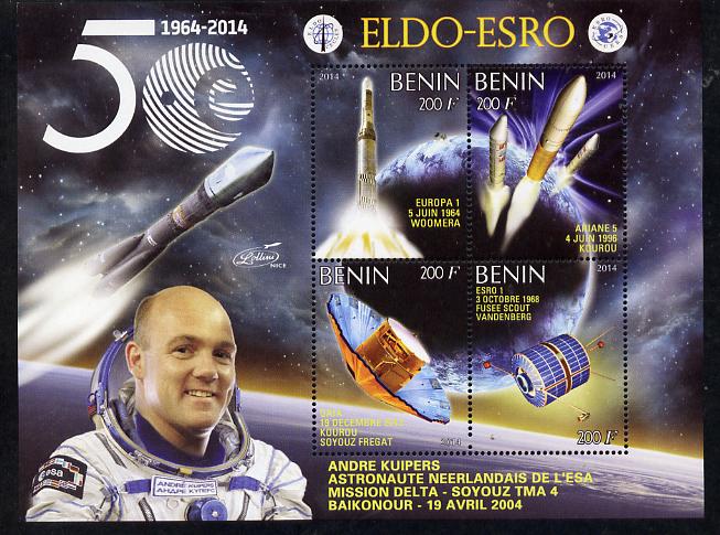Benin 2014 European Space Research Organisation - Andre Kuipers perf sheetlet containing 4 values unmounted mint, stamps on space, stamps on personalities, stamps on rockets, stamps on satellites