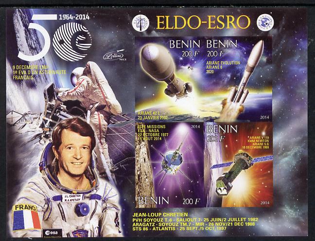 Benin 2014 European Space Research Organisation - Jean-Loup Chretien imperf sheetlet containing 4 values unmounted mint, stamps on space, stamps on personalities, stamps on rockets, stamps on satellites